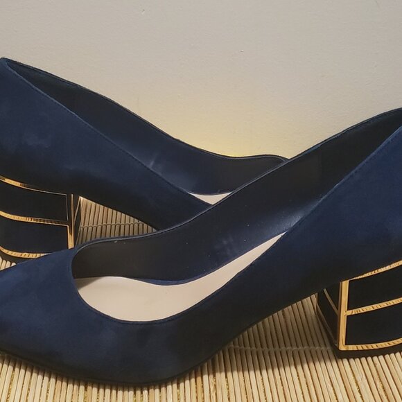 Steve Madden Shoes - Steve Madden Navy & Gold Faux Suede Block Heel Pumps.